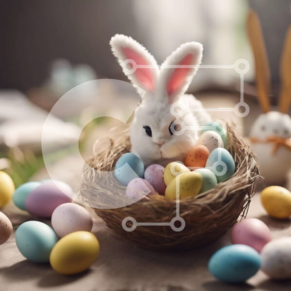 Intra Συλλεκτικό Ξύλινο Παζλ Plywood  4mm - Λευκό λαγουδάκι στη φωλιά αυγών του Πάσχα Σε Ξύλινο Κουτί - Διαστάσεις Puzzle: 10x10 cm – 25 κομμάτια