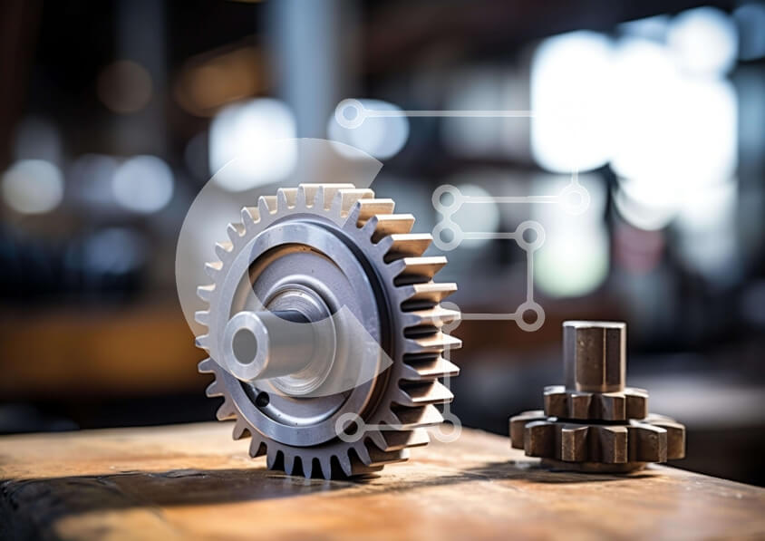 Intra Συλλεκτικό Ξύλινο Παζλ Plywood  4mm - Βιομηχανικά μεταλλικά γρανάζια σε ξύλινο τραπέζι Σε Ξύλινο Κουτί - Διαστάσεις Puzzle: 10x10 cm – 25 κομμάτια