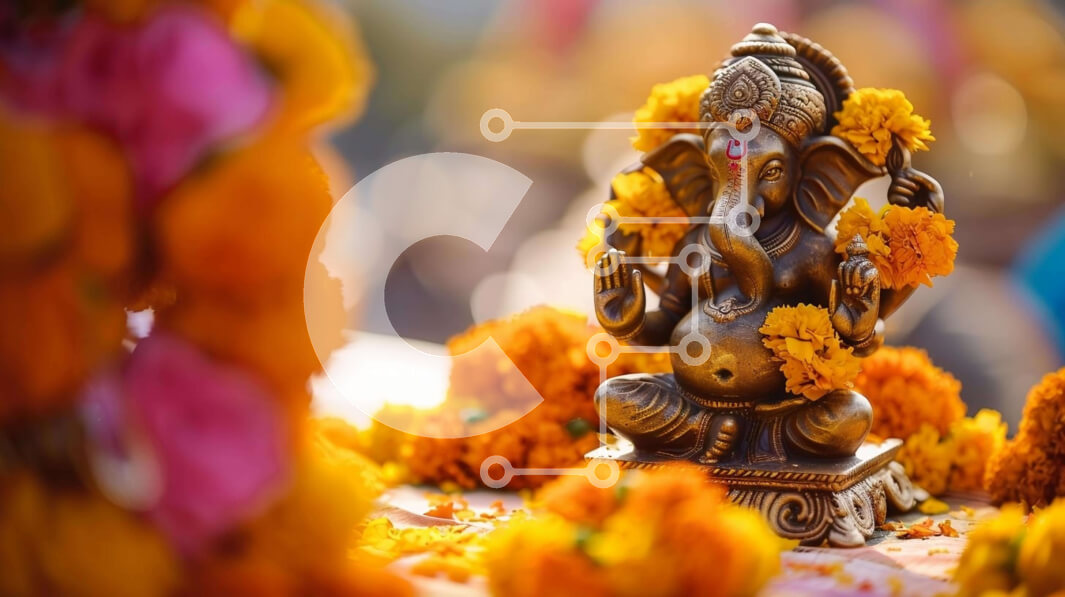 Intra Συλλεκτικό Ξύλινο Παζλ Plywood  4mm - Άγαλμα του Λόρδου Ganesha με πορτοκαλί λουλούδια και διακοσμήσεις Σε Ξύλινο Κουτί - Διαστάσεις Puzzle: 10x10 cm – 25 κομμάτια