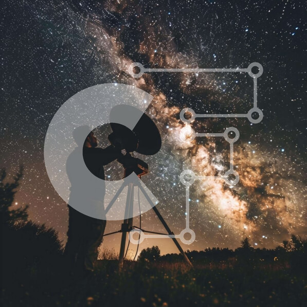 Intra Συλλεκτικό Ξύλινο Παζλ Plywood  4mm - Παρατήρηση αστεριών: Άνθρωπος που παρατηρεί τον Γαλαξία Σε Ξύλινο Κουτί - Διαστάσεις Puzzle: 10x10 cm – 25 κομμάτια