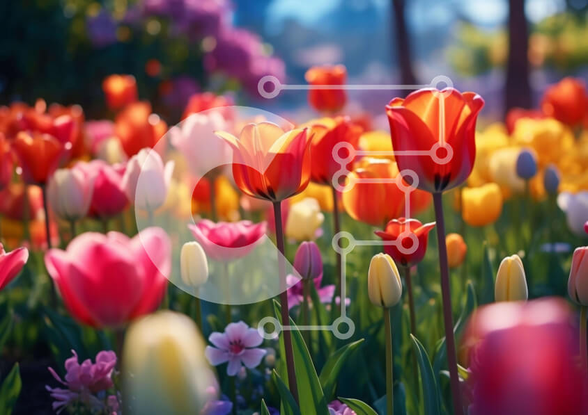 Intra Συλλεκτικό Ξύλινο Παζλ Plywood  4mm - Πολύχρωμο πεδίο τουλιπών την άνοιξη Σε Ξύλινο Κουτί - Διαστάσεις: 10x10 cm – 25 κομμάτια