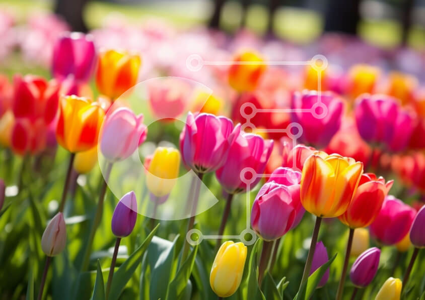 Intra Συλλεκτικό Ξύλινο Παζλ Plywood  4mm - Πεδίο με πολύχρωμες τουλίπες με δέντρα Σε Ξύλινο Κουτί - Διαστάσεις: 10x10 cm – 25 κομμάτια