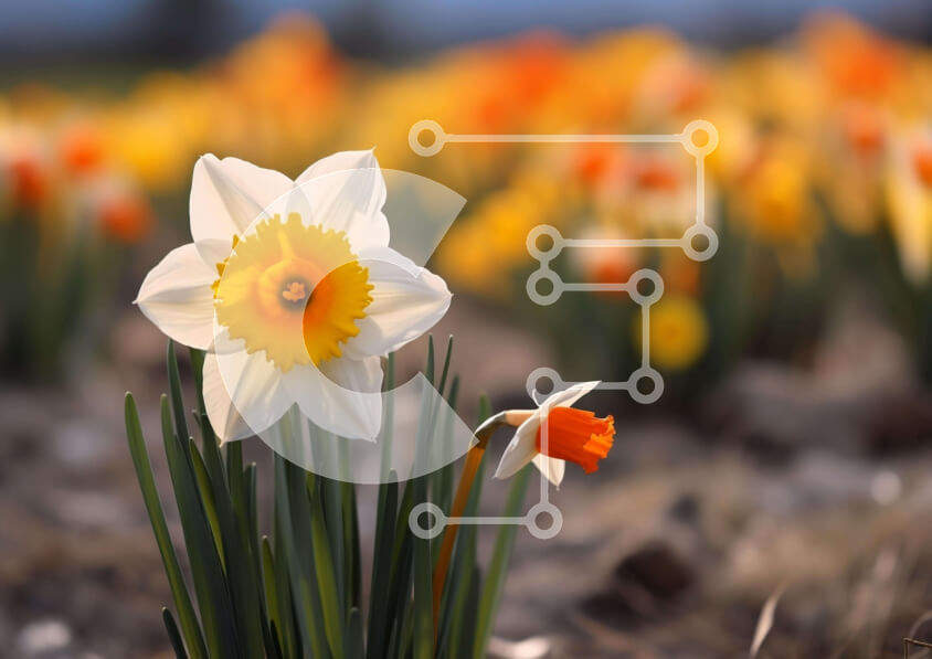 Intra Συλλεκτικό Ξύλινο Παζλ Plywood  4mm - Πεδίο με κίτρινους και λευκούς νάρκισσους Σε Ξύλινο Κουτί - Διαστάσεις: 10x10 cm – 25 κομμάτια