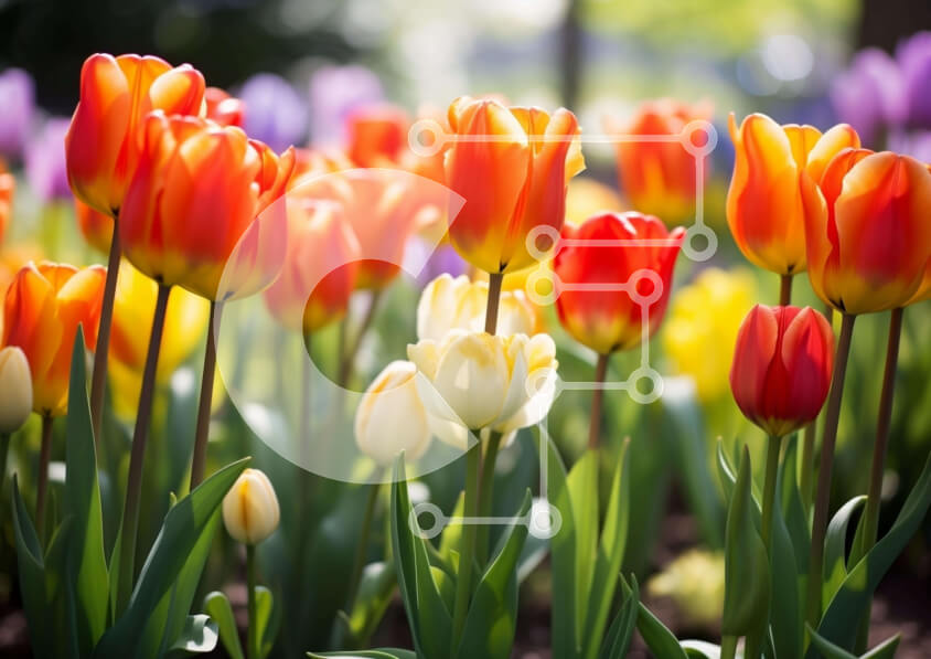 Intra Συλλεκτικό Ξύλινο Παζλ Plywood  4mm - Πολύχρωμες τουλίπες που ανθίζουν σε έναν κήπο Σε Ξύλινο Κουτί - Διαστάσεις: 10x10 cm – 25 κομμάτια