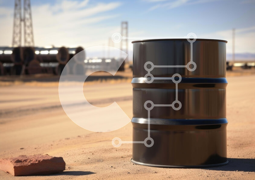 Intra Συλλεκτικό Ξύλινο Παζλ Plywood  4mm - Βιομηχανική σκηνή: Μαύρο βαρέλι στην έρημο με πετρελαιαγωγούς Σε Ξύλινο Κουτί - Διαστάσεις Puzzle: 10x10 cm – 25 κομμάτια