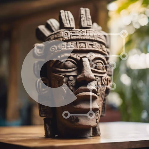 Intra Συλλεκτικό Ξύλινο Παζλ Plywood  4mm - Αρχαίο άγαλμα κεφαλιού των Μάγια σε ξύλινο τραπέζι Σε Ξύλινο Κουτί - Διαστάσεις Puzzle: 10x10 cm – 25 κομμάτια