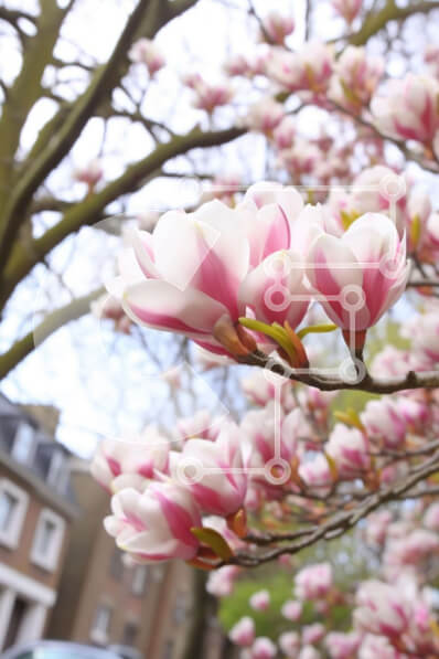 Σετ των 2 Intra Συλλεκτικό Ξύλινο Παζλ Plywood  4mm - Ροζ και λευκό δέντρο μανόλιας σε πλήρη άνθιση Σε Ξύλινο Κουτί - Διαστάσεις: 10x10 cm – 25 κομμάτια