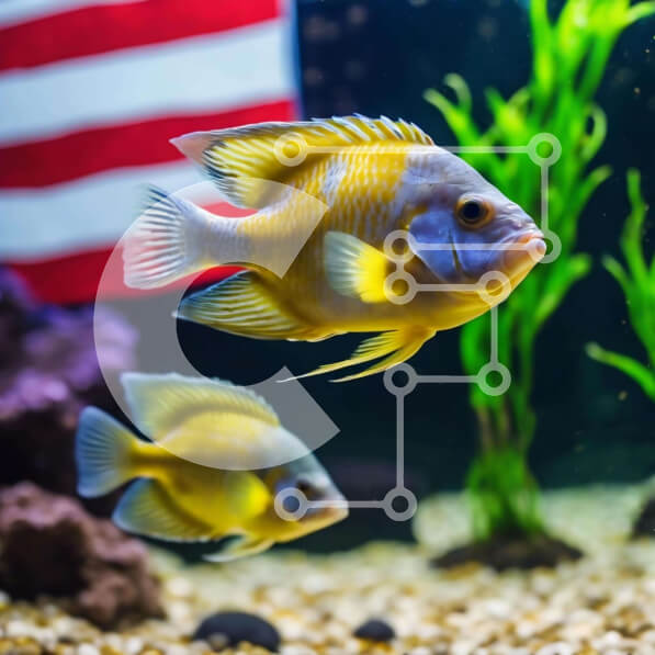 Intra Συλλεκτικό Ξύλινο Παζλ Plywood  4mm - Δύο ψάρια που κολυμπούν στο ενυδρείο με φόντο την αμερικανική σημαία Σε Ξύλινο Κουτί - Διαστάσεις: 10x10 cm – 25 κομμάτια