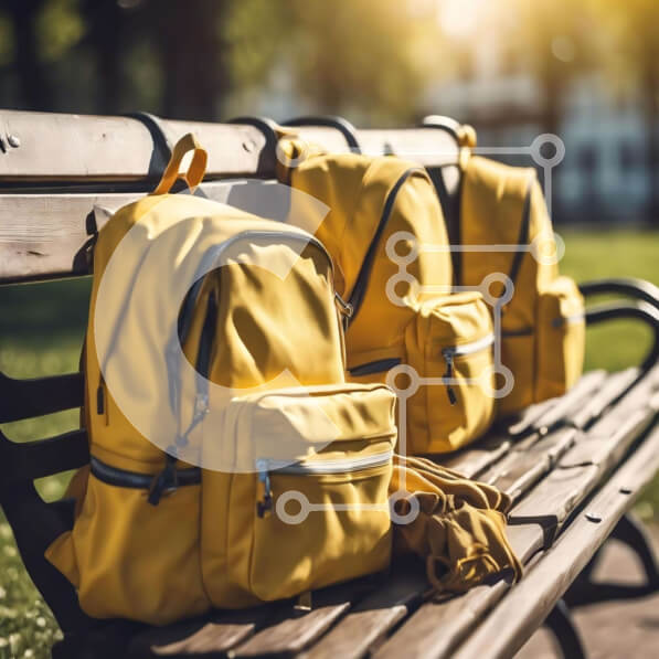 Intra Συλλεκτικό Ξύλινο Παζλ Plywood  4mm - Τρία κίτρινα σακίδια πλάτης στον ξύλινο πάγκο στο πάρκο Σε Ξύλινο Κουτί - Διαστάσεις Puzzle: 10x10 cm – 25 κομμάτια