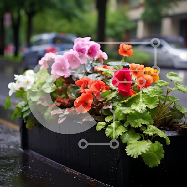 Intra Συλλεκτικό Ξύλινο Παζλ Plywood  4mm - Πολύχρωμα λουλούδια σε μαύρο φυτευτή στην αστική οδό Σε Ξύλινο Κουτί - Διαστάσεις: 10x10 cm – 25 κομμάτια