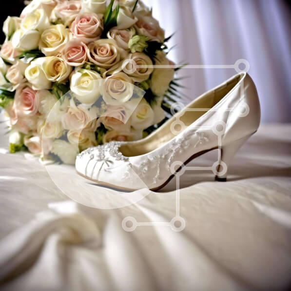 Σετ των 2 Intra Συλλεκτικό Ξύλινο Παζλ Plywood  4mm - Λευκό παπούτσι γάμου με ροζ και λευκά τριαντάφυλλα μπουκέτο Σε Ξύλινο Κουτί - Διαστάσεις: 10x10 cm – 25 κομμάτια