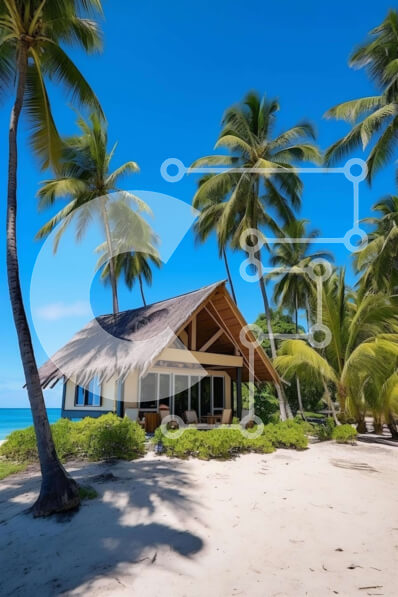 Intra Συλλεκτικό Ξύλινο Παζλ Plywood  4mm - Εξοχική κατοικία με αχυρένια στέγη σε μια παραλία με φοίνικες Σε Ξύλινο Κουτί - Διαστάσεις Puzzle: 10x10 cm – 25 κομμάτια