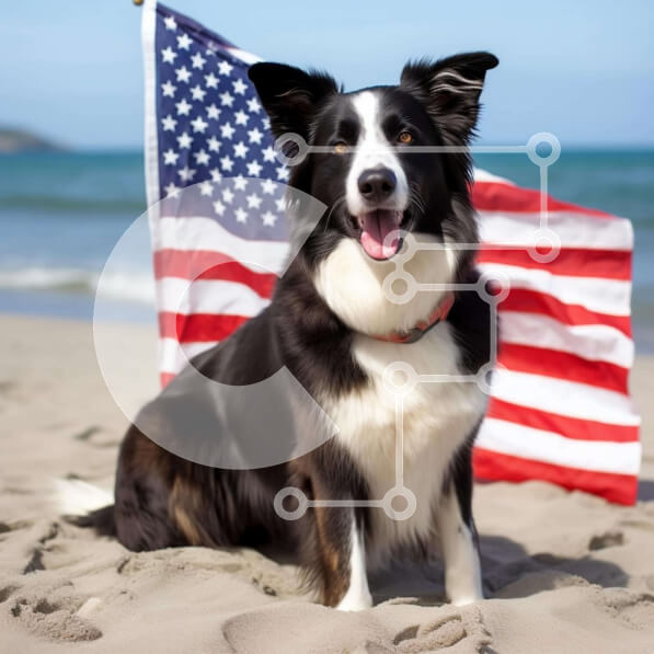 Intra Συλλεκτικό Ξύλινο Παζλ Plywood  4mm - Μαύρο και άσπρο σκυλί στην παραλία με αμερικανική σημαία Σε Ξύλινο Κουτί - Διαστάσεις: 10x10 cm – 25 κομμάτια