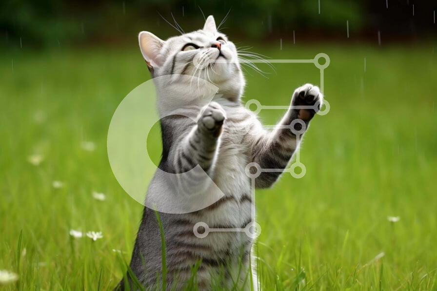 Σετ των 2 Intra Συλλεκτικό Ξύλινο Παζλ Plywood  4mm - Παιχνιδιάρικη γκρι και λευκή γάτα στη βροχή Σε Ξύλινο Κουτί - Διαστάσεις: 10x10 cm – 25 κομμάτια