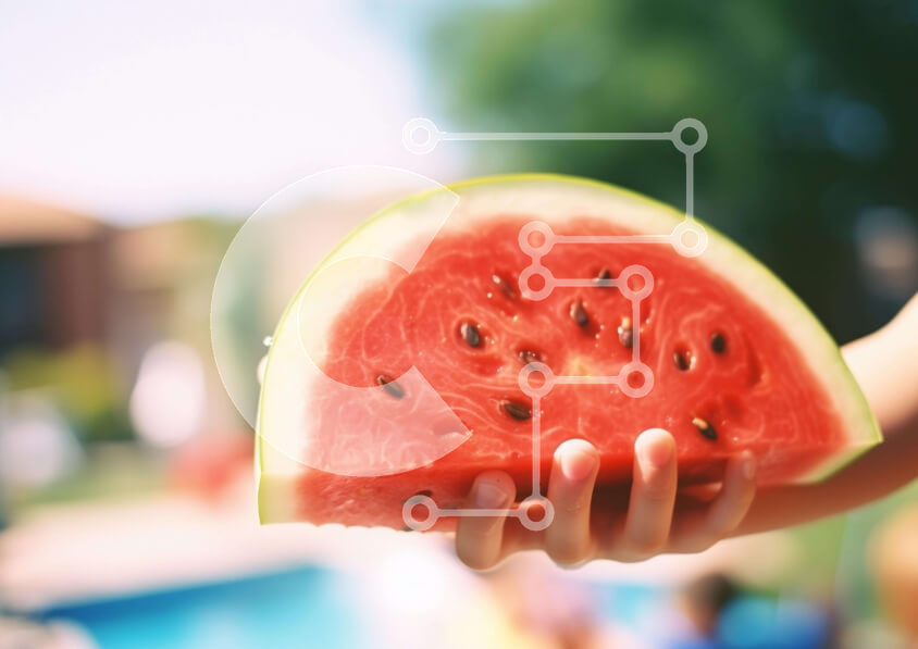 Σετ των 2 Intra Συλλεκτικό Ξύλινο Παζλ Plywood  4mm - Πρόσωπο που κρατά φέτα καρπούζι δίπλα στην πισίνα Σε Ξύλινο Κουτί - Διαστάσεις: 10x10 cm – 25 κομμάτια