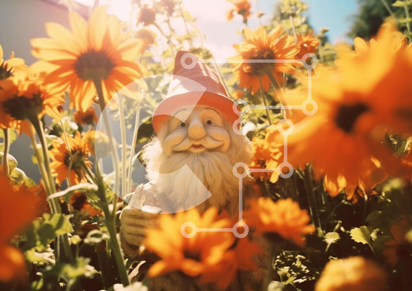 Intra Συλλεκτικό Ξύλινο Παζλ Plywood  4mm - Άγαλμα Gnome ανάμεσα σε πορτοκαλί λουλούδια Σε Ξύλινο Κουτί - Διαστάσεις: 10x10 cm – 25 κομμάτια