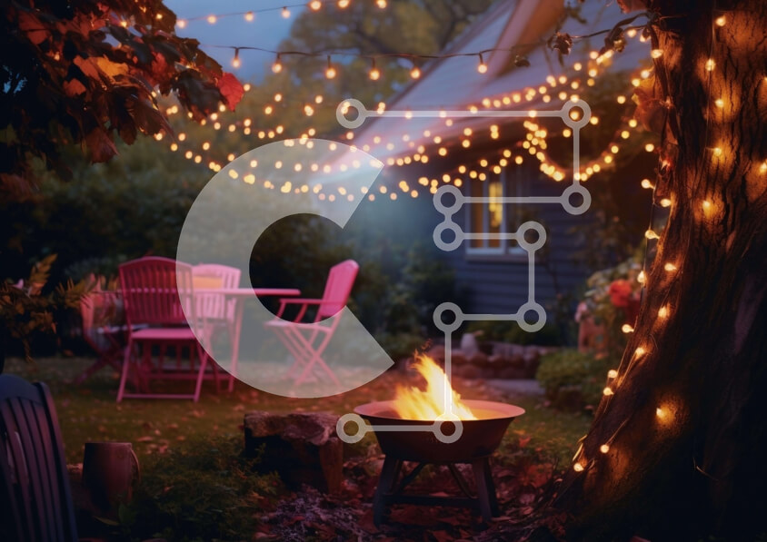 Intra Συλλεκτικό Ξύλινο Παζλ Plywood  4mm - Άνετη αυλή με λάκκο φωτιάς και ροζ καρέκλες Σε Ξύλινο Κουτί - Διαστάσεις Puzzle: 10x10 cm – 25 κομμάτια