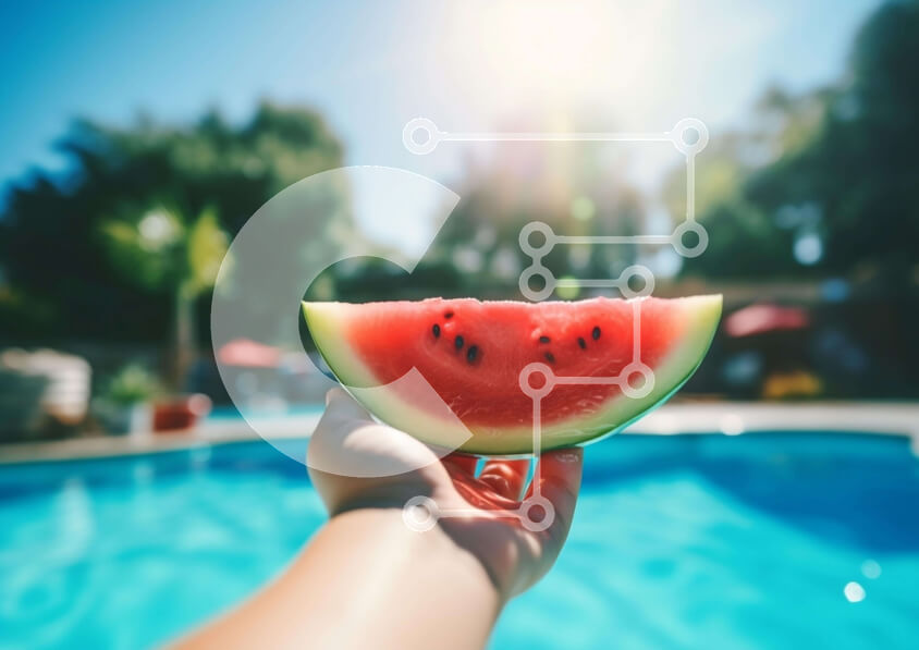 Σετ των 2 Intra Συλλεκτικό Ξύλινο Παζλ Plywood  4mm - Άτομο με καρπούζι δίπλα στην πισίνα Σε Ξύλινο Κουτί - Διαστάσεις: 10x10 cm – 25 κομμάτια