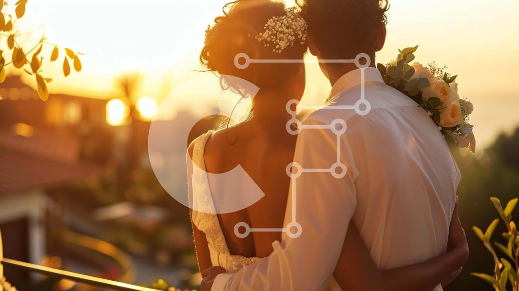 Intra Συλλεκτικό Ξύλινο Παζλ Plywood  4mm - Νεόνυμφο ζευγάρι που αγκαλιάζεται στο ηλιοβασίλεμα με λουλούδια Σε Ξύλινο Κουτί - Διαστάσεις Puzzle: 10x10 cm – 25 κομμάτια