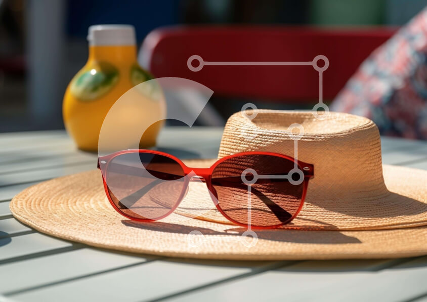 Intra Συλλεκτικό Ξύλινο Παζλ Plywood  4mm - Γυαλιά ηλίου, ψάθινο καπέλο και χυμός πορτοκαλιού στην παραλία Σε Ξύλινο Κουτί - Διαστάσεις Puzzle: 10x10 cm – 25 κομμάτια