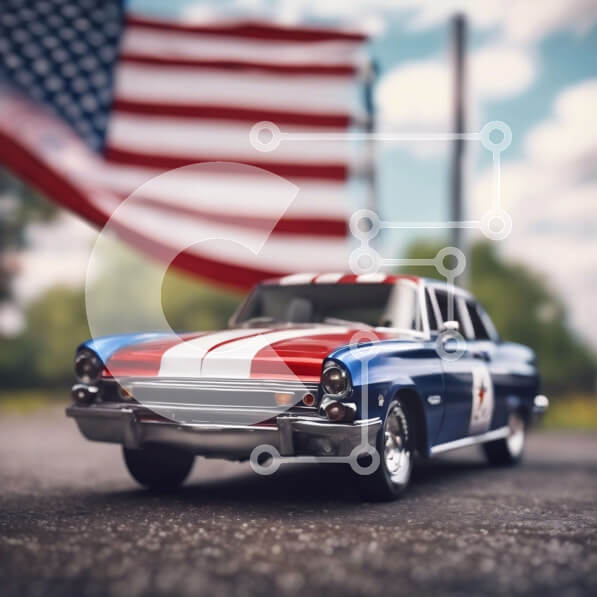 Intra Συλλεκτικό Ξύλινο Παζλ Plywood  4mm - Αυτοκίνητο παιχνίδι μπροστά από την αμερικανική σημαία Σε Ξύλινο Κουτί - Διαστάσεις Puzzle: 10x10 cm – 25 κομμάτια