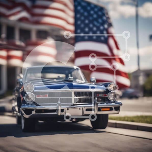 Intra Συλλεκτικό Ξύλινο Παζλ Plywood  4mm - Vintage αυτοκίνητο μπροστά από την αμερικανική σημαία Σε Ξύλινο Κουτί - Διαστάσεις Puzzle: 10x10 cm – 25 κομμάτια