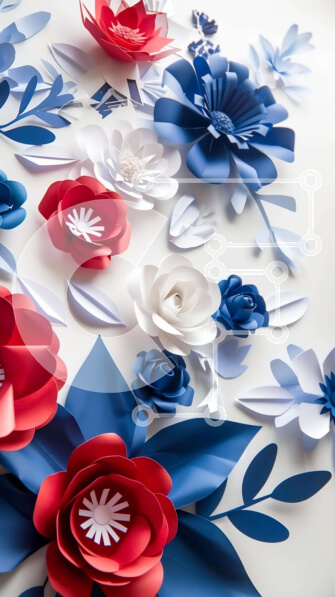 Intra Συλλεκτικό Ξύλινο Παζλ Plywood  4mm - Καλλιτεχνική σύνθεση από κόκκινα, λευκά και μπλε λουλούδια από χαρτί Σε Ξύλινο Κουτί - Διαστάσεις Puzzle: 10x10 cm – 25 κομμάτια