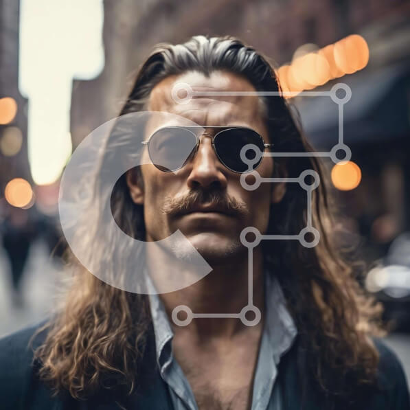 Intra Συλλεκτικό Ξύλινο Παζλ Plywood  4mm - Άνδρας με μακριά μαλλιά και γυαλιά ηλίου στην Urban City Street Σε Ξύλινο Κουτί - Διαστάσεις Puzzle: 10x10 cm – 25 κομμάτια