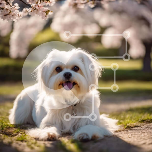 Intra Συλλεκτικό Ξύλινο Παζλ Plywood  4mm - Λευκός σκύλος σε σκηνικό ανθών κερασιών Σε Ξύλινο Κουτί - Διαστάσεις: 10x10 cm – 25 κομμάτια