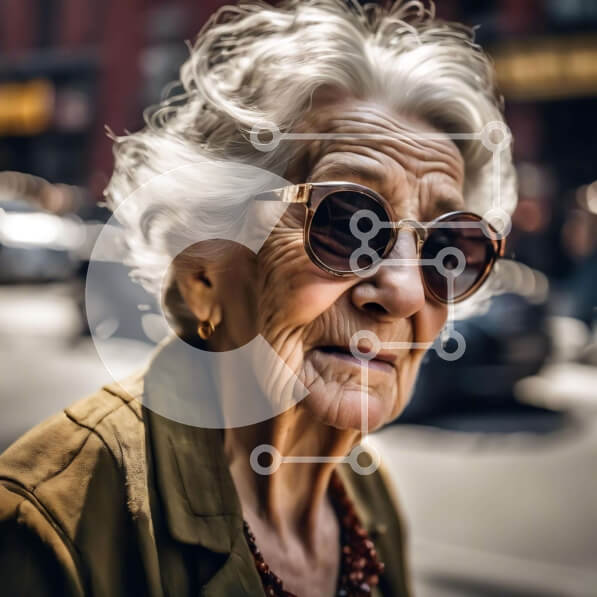 Intra Συλλεκτικό Ξύλινο Παζλ Plywood  4mm - Ηλικιωμένη γυναίκα με γυαλιά ηλίου που στέκεται στην οδό της πόλης Σε Ξύλινο Κουτί - Διαστάσεις Puzzle: 10x10 cm – 25 κομμάτια