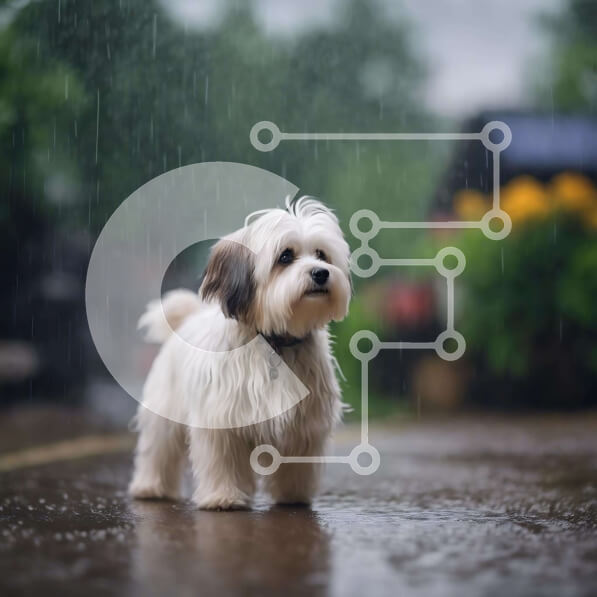 Intra Συλλεκτικό Ξύλινο Παζλ Plywood  4mm - Μικρό λευκό σκυλί που στέκεται στη βροχή με φυτά Σε Ξύλινο Κουτί - Διαστάσεις: 10x10 cm – 25 κομμάτια