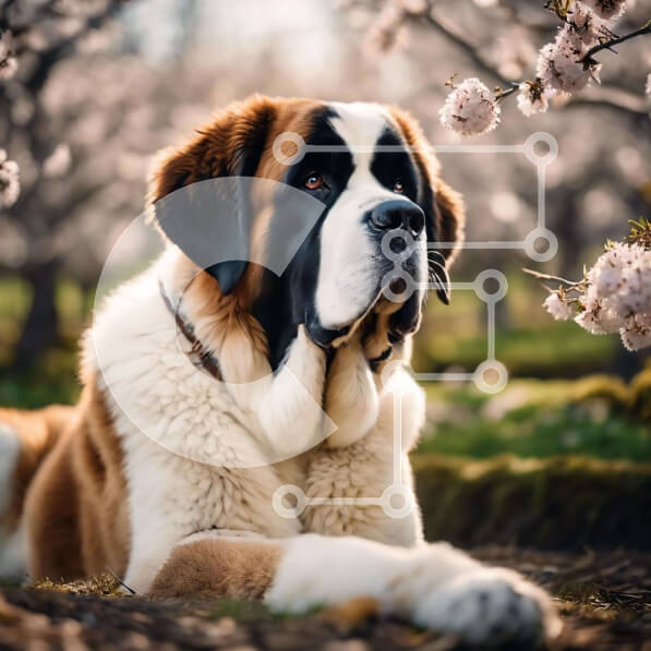 Intra Συλλεκτικό Ξύλινο Παζλ Plywood  4mm - Σκύλος St. Bernard ανάμεσα στα άνθη της κερασιάς Σε Ξύλινο Κουτί - Διαστάσεις: 10x10 cm – 25 κομμάτια