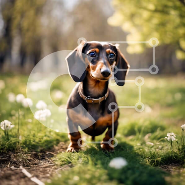 Intra Συλλεκτικό Ξύλινο Παζλ Plywood  4mm - Σκύλος Dachshund σε γρασίδι με λευκά λουλούδια Σε Ξύλινο Κουτί - Διαστάσεις: 10x10 cm – 25 κομμάτια