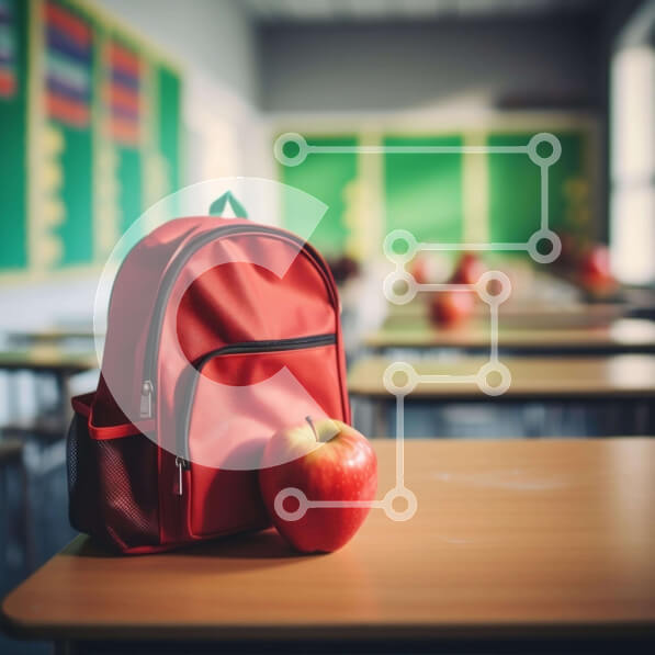 Intra Συλλεκτικό Ξύλινο Παζλ Plywood  4mm - Κόκκινο σακίδιο πλάτης και μήλο στο ξύλινο γραφείο Σε Ξύλινο Κουτί - Διαστάσεις Puzzle: 10x10 cm – 25 κομμάτια