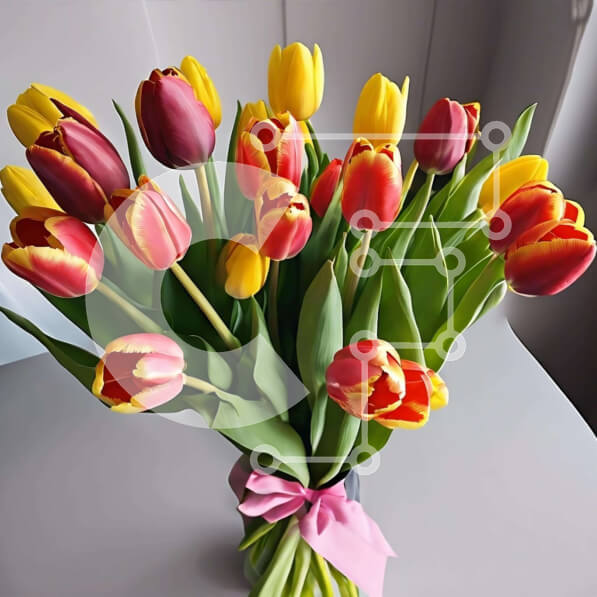 Intra Συλλεκτικό Ξύλινο Παζλ Plywood  4mm - Πολύχρωμο μπουκέτο τουλίπας σε βάζο στο τραπέζι Σε Ξύλινο Κουτί - Διαστάσεις: 10x10 cm – 25 κομμάτια