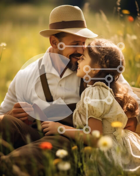 Intra Συλλεκτικό Ξύλινο Παζλ Plywood  4mm - Πατέρας και κόρη απολαμβάνουν μια στιγμή σε ένα χορταριασμένο χωράφι με λουλούδια Σε Ξύλινο Κουτί - Διαστάσεις Puzzle: 10x10 cm – 25 κομμάτια