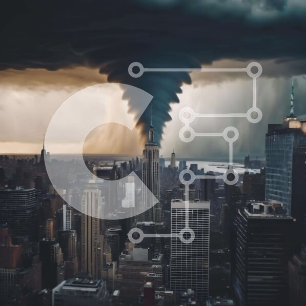 Intra Συλλεκτικό Ξύλινο Παζλ Plywood  4mm - Ανεμοστρόβιλος αιωρείται πάνω από τη Νέα Υόρκη Σε Ξύλινο Κουτί - Διαστάσεις Puzzle: 10x10 cm – 25 κομμάτια