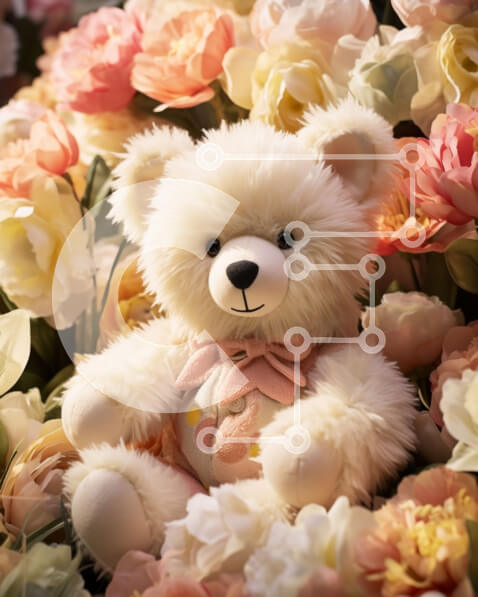 Intra Συλλεκτικό Ξύλινο Παζλ Plywood  4mm - Λευκό αρκουδάκι που περιβάλλεται από ροζ, κίτρινα και λευκά λουλούδια Σε Ξύλινο Κουτί - Διαστάσεις: 10x10 cm – 25 κομμάτια