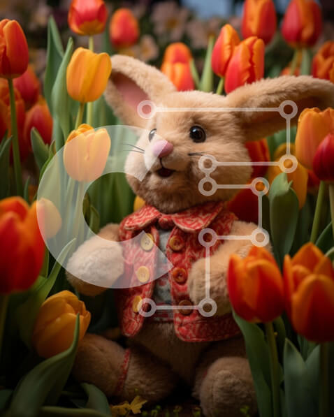 Intra Συλλεκτικό Ξύλινο Παζλ Plywood  4mm - Γεμιστό λαγουδάκι ανάμεσα σε πορτοκαλί τουλίπες - Γιορτή του Πάσχα Σε Ξύλινο Κουτί - Διαστάσεις: 10x10 cm – 25 κομμάτια