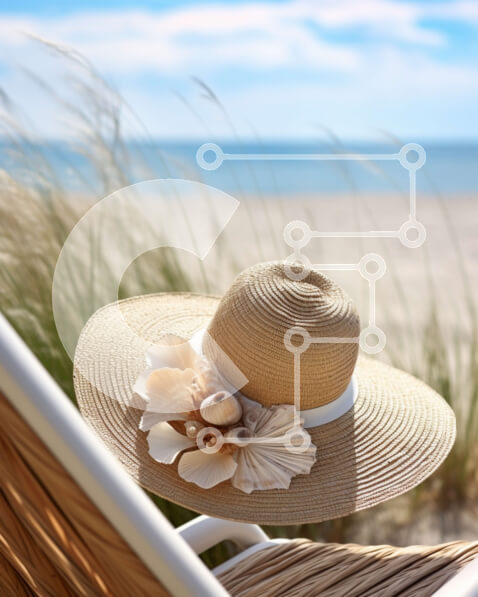 Intra Συλλεκτικό Ξύλινο Παζλ Plywood  4mm - Καρέκλα παραλίας και ομπρέλα με κοχύλια και ψάθινο καπέλο Σε Ξύλινο Κουτί - Διαστάσεις Puzzle: 10x10 cm – 25 κομμάτια