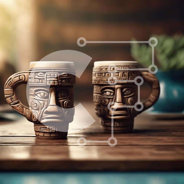 Intra Συλλεκτικό Ξύλινο Παζλ Plywood  4mm - Κούπες καφέ με πρόσωπο εμπνευσμένο από τους Αζτέκους Σε Ξύλινο Κουτί - Διαστάσεις: 10x10 cm – 25 κομμάτια