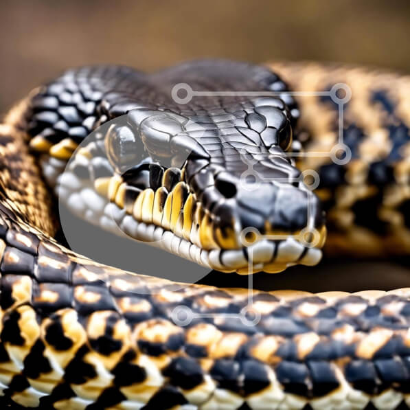 Intra Συλλεκτικό Ξύλινο Παζλ Plywood  4mm - Κοντινό πλάνο ενός μαύρου και κίτρινου κροταλία Σε Ξύλινο Κουτί - Διαστάσεις: 10x10 cm – 25 κομμάτια