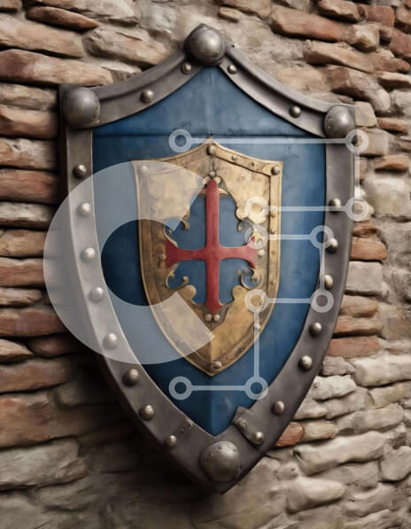 Intra Συλλεκτικό Ξύλινο Παζλ Plywood  4mm - Μπλε και χρυσή ασπίδα στον τοίχο από τούβλα Σε Ξύλινο Κουτί - Διαστάσεις: 10x10 cm – 25 κομμάτια