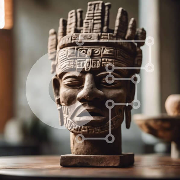 Intra Συλλεκτικό Ξύλινο Παζλ Plywood  4mm - Αρχαίο άγαλμα κεφαλιού των Μάγια που εμφανίζεται με άλλα αντικείμενα Σε Ξύλινο Κουτί - Διαστάσεις: 10x10 cm – 25 κομμάτια