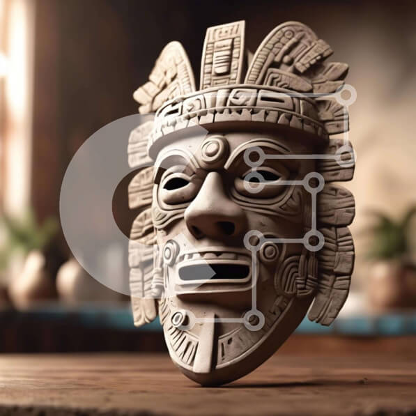 Intra Συλλεκτικό Ξύλινο Παζλ Plywood  4mm - Τρισδιάστατη μάσκα Αζτέκων που εμφανίζεται σε ξύλινο τραπέζι Σε Ξύλινο Κουτί - Διαστάσεις Puzzle: 10x10 cm – 25 κομμάτια