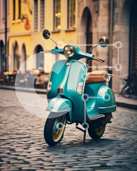 Intra Συλλεκτικό Ξύλινο Παζλ Plywood  4mm - Vintage Turquoise Scooter στην Cobblestone Street Σε Ξύλινο Κουτί - Διαστάσεις Puzzle: 10x10 cm – 25 κομμάτια