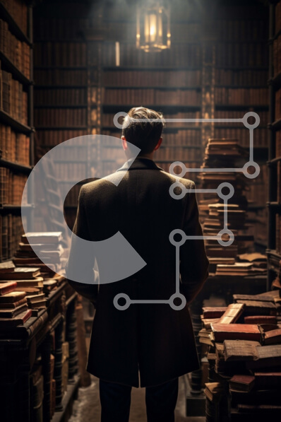 Intra Συλλεκτικό Ξύλινο Παζλ Plywood  4mm - Άνθρωπος στην παλιά βιβλιοθήκη που περιβάλλεται από βιβλία Σε Ξύλινο Κουτί - Διαστάσεις Puzzle: 10x10 cm – 25 κομμάτια