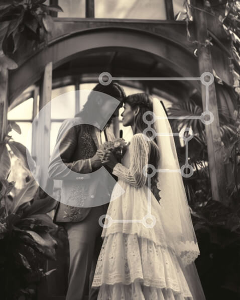 Intra Συλλεκτικό Ξύλινο Παζλ Plywood  4mm - Νεόνυμφο ζευγάρι που στέκεται μπροστά από το Archway Σε Ξύλινο Κουτί - Διαστάσεις Puzzle: 10x10 cm – 25 κομμάτια