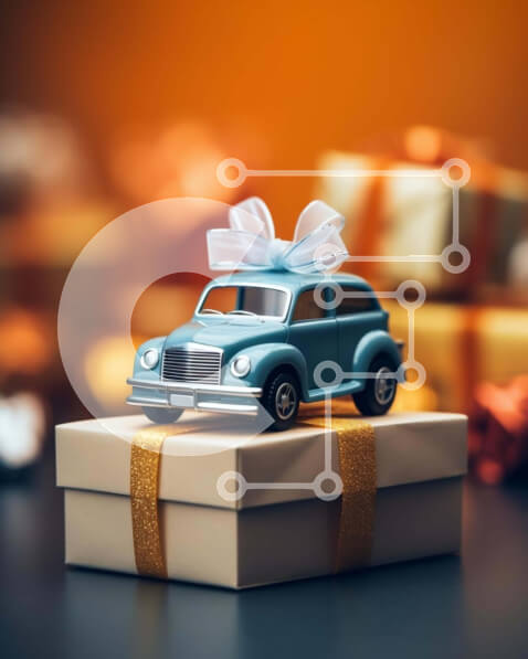 Intra Συλλεκτικό Ξύλινο Παζλ Plywood  4mm - Μπλε αυτοκίνητο παιχνίδι σε κουτί δώρου με χρυσές κορδέλες και δώρα Σε Ξύλινο Κουτί - Διαστάσεις: 10x10 cm – 25 κομμάτια