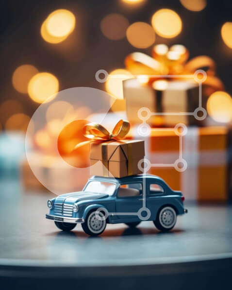 Intra Συλλεκτικό Ξύλινο Παζλ Plywood  4mm - Μπλε αυτοκίνητο παιχνίδι με κουτιά δώρων και εορταστικά φώτα Σε Ξύλινο Κουτί - Διαστάσεις: 10x10 cm – 25 κομμάτια